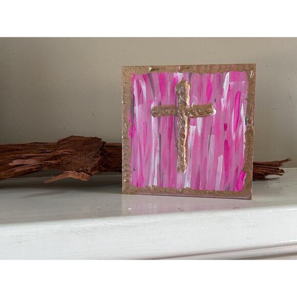 Gold Cross Wood Painting Hand Painted 5x5 Block White Raised Cross Pink Style - Picture 3 of 9